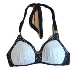 Victoria's Secret Womens Bikini Top Halter Swim Black White Gold Accents Sz L